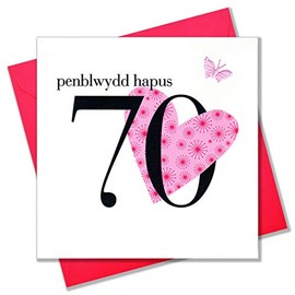 Claire Giles Hearts and Stars Welsh Penblwydd Hapus Happy 70th Birthday Card - Pink WHNS49, 16 x 1 x 16 cm
