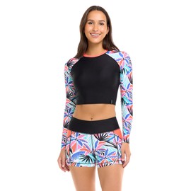 Body Glove Women's Standard Let It Be Long Sleeve Crop Top Rashguard with UPF 50, Miami Palm Tree Print, X-Large