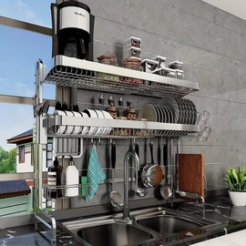1pc Adjustable Stainless Steel Over Sink Dish Drying Rack, 3 Tier Large Storage Kitchen, Expandable Shelf Rack with Utensil Holder, Cup Hanging Set Storage Organizer - Color: Black