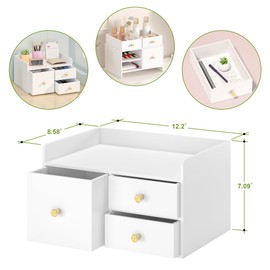 Bamboo Desk Organizer with Drawers Wooden Desktop Storage Drawers for Bills Office Supplies Kitchen Utensils Organizing Tool for Home Classroom Organization No Assembly (3 Drawer, White)