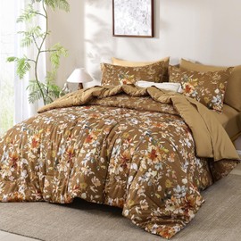 Dobuyly Fall King Size Comforter Set, 7 Pieces Brown Floral Comforter Set, Bed in a Bag King with Botanical Flowers Pattern, Farmhouse Bedding Set with Sheets, Pillowcases & Shams