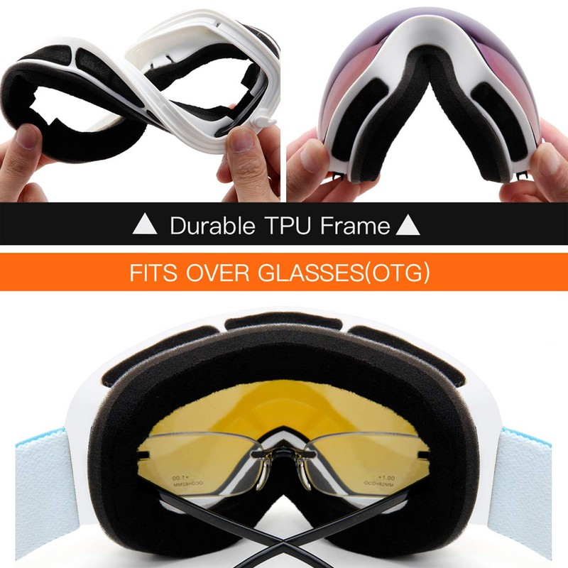 JULI Kids Ski Goggles,Interchangeable Double Layer Spherical Lens,OTG Anti-Fog Snowboard