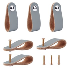 GORGECRAFT 6Pcs Leather Drawer Pull, Nordic Wardrobe Cabinet Door Handle, Single Hole Furniture Hardware Pulls for Cupboard Drawer- 141x24.5mm, Grey