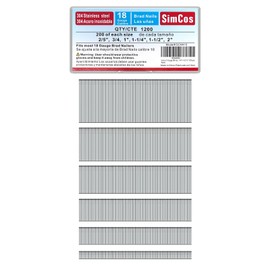 SimCos 18 Gauge 304 Stainless Steel Brad Nails 18 GA Nail Gun Nails Assorted and Small Finishing Nails for Pneumatic, Electric Brad Nailer (2/5"+3/4"+1"+1-1/4"+1-1/2"+2"-1200 pcs)