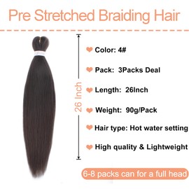 Mscat 26 Inch 3 Packs Pre Stretched Braiding Hair Dark Brown Pre Stretched Braiding Professional Synthetic Prestretched Crochet Braids Hair Extension Hot Water Setting Yaki Texture (4#)
