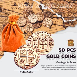 v2croft 50 Metal Pirate Coins Gold, Gold Treasure Coin Set, Metal Replica Spanish Doubloons for Board Games Tokens, Kids Cosplay Pirate Party Treasure Chest Coin (1.18'')