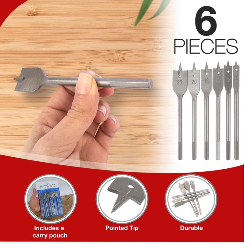 6 Heavy Duty Spade Drill Bits Set with a Vinyl