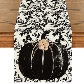 Artoid Mode Pumpkin Leaves Darkness Flower 210 GSM Fall Table Runner, Seasonal Autumn Kitchen Dining Table Decoration for Home Party Decor 13x36 Inch