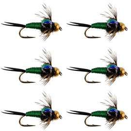 The Fly Fishing Place Bead Head Green Copper John Nymph Fly Fishing Flies - Set of 6 Flies Hook Size 14