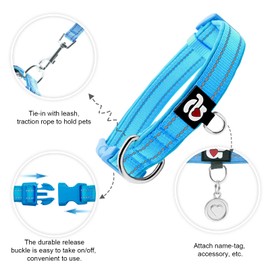 azuza Reflective Dog Collar,Soft Neoprene Padded Pet Collar with ID Tag Ring,Adjustable for Puppy and Small Dogs,Sky Blue,XS