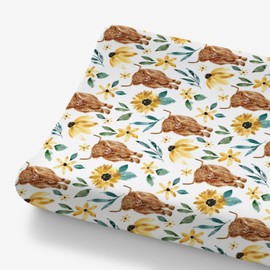 HawSkgFub Highland Cow Sunflower Changing Pad Cover for Baby Girls, Western Farm Animal Fall Flower Diaper Change Table Covers, Soft Stretchy Safe Snug Fitted Changing Mat Sheet Fit 32"/34" x 16"