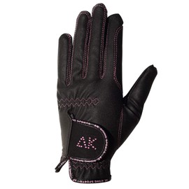 AK Horse Riding Gloves Ladies, Men & Kids Equestrian Gloves with Stones (Black/Pink, 2XS)