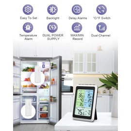 OQIMAX Refrigerator Thermometer with Alarm - 4.5 inch Wireless Fridge Thermometer with 2-Level Backlight, 2 Sensors, Digital Freezer Thermometers with Max/Min Records, for Homes Restaurants Cellars
