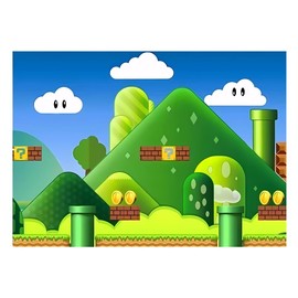Cartoon Green Blue Backdrop Video Game Theme Birthday Sign Photography Background Banner Adventure Brother Party Supplies for Anime Game Party Kids Baby Shower Studio Props Backdrops 5x3 FT Fabric