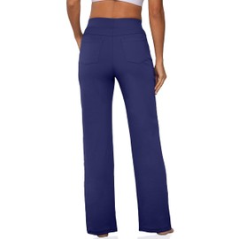 VOOVEEYA Wide Leg Pants for Women, Yoga Pants with Pockets High Waist Casual Straight Dress Pants Petite/Tall/Regular (Petite Navy Blue L)
