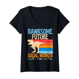Womens Awesome Future Social Worker Dinosaur Social Work Healthcare V-Neck T-Shirt