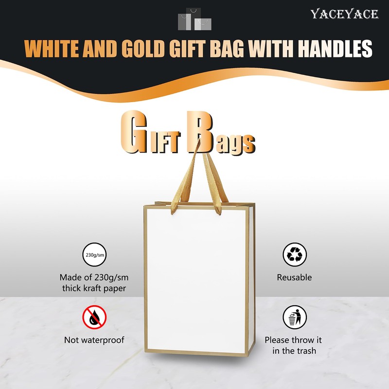 YACEYACE White Gift Bags - Medium Size, 20 Pcs, 8"x4"x10.5",