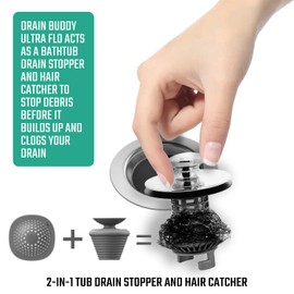 Drain Buddy Ultra Flo No Installation 2 in 1 Clog Preventing Tub Drain Stopper and Hair Catcher for 1 3/8" to 1.5" Bathtubs and Utility Sinks Chrome Metal Cap