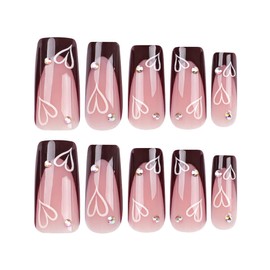AkiliBIELY French Tip Press on Nails Square Medium Long Brown Pink Heart Rhinestone Fake Nails Women Glue on Nails Acrylic Gel Stick on Nails Glitter Fantasy False Nails Wedding Birthday