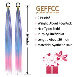GEFFCC 2 Pack Braid Ponytail Extensions, 26 Inch Braided Ponytail Wig with Elastic Tie for Girls (Purple/Blue/Pink#, 26 Inch (Pack of 2))