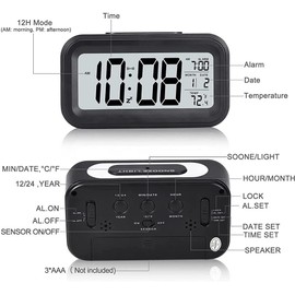 Digital LED Snooze Alarm Clock Bedside Time Temperature Day/Night Desktop Clocks (Blue)