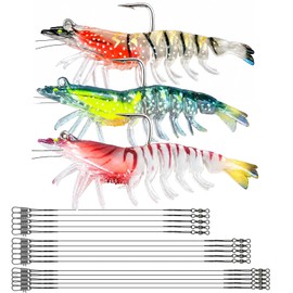 DONQL 3 Pcs Shrimp Soft Baits Pre-Rigged with Hooks, Sea Fishing Rigs with 15 Pcs Wire Traces, Rip-Proof TPE, Glow in the Dark, Bass Lures for Bass, Trout, Walleye & Crappie in Freshwater or Saltwater