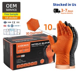 Wholesale ANBOSON 10mil Orange Nitrile Gloves Diamond Textured Disposable Heavy Duty Industrial Grade Bulk Pack BoxPacking: 100pcs/box, Size: M, Color: Orange, Thickness: 10mil
