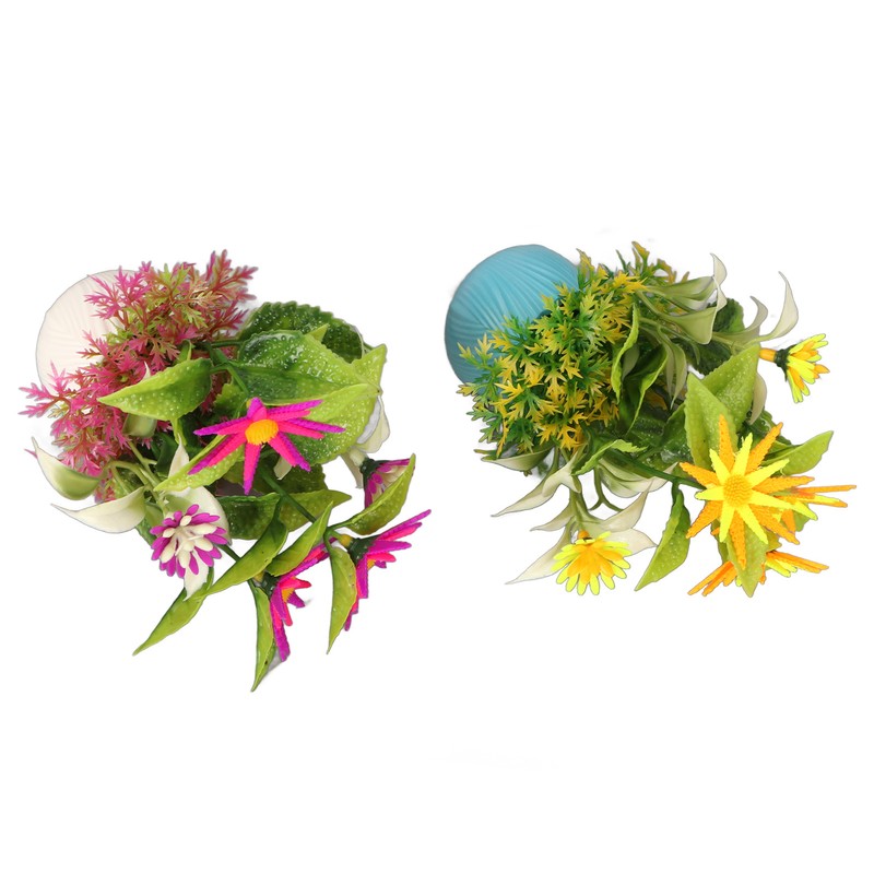 2pcs Artificial Aquarium Plants Silicone Flowers Reusable Resin Pots Fish