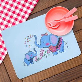 Baby Non Slip Insulation Waterproof Silicone Placemat, Cute Cartoon Animal Slip Resistant Dining Feeding Mat Pad for Toddler Kids(Blue Elephant)