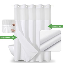 eachope Extra Long No Hooks Needed Linen Textured Shower Curtain with Snap-in Fabric Liner Set,Tall Hotel Luxury Decor Shower Curtains for Bathroom,Waterproof & Washable,71Wx98H,White