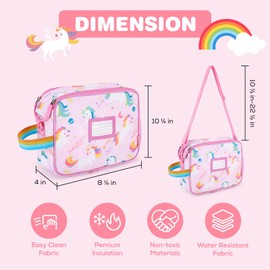 TOURIT Kids Lunch Box Insulated Lunch Bag for Girl Toddler with Water Bottle Holder, ID Tags, Water-Resistant Durable Rainbow Tote Bag Adjustable Strap Double Zipper for School, Pink Unicorn