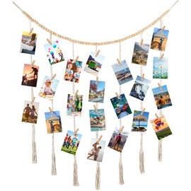 Photo Wall Hanging with 45 Removable Wooden Clips, Bohemian Photo Holder with Clips for Hanging, Beads Collage Photo Wall, Christmas Decoration Picture Frame with Wooden Pegs, Photo Wall for Home