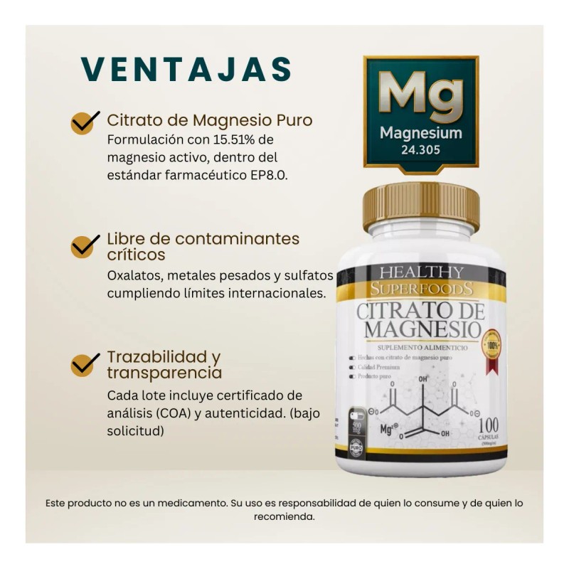 Healthy Superfoods Citrato De Magnesio Premium 500mg 100 Capsulas Sabor