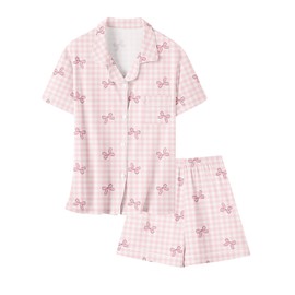 Umeyda Girls Pajamas Set, 2Pj Nightwear Button-Down Sleepwear for Kid 2 Piece Lounge Sets, Pink Grid Bow, 5-6 Years