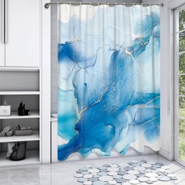 DuriLolly Blue Marble Shower Curtain 71x71 inch Abstract Teal Blue Gold Texture Luxury Cracked Granite Shower Curtains Modern Art Bathroom Decor Curtain Set with Hooks Waterproof Fabric