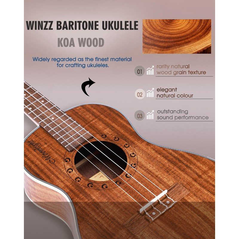 Winzz Baritone Ukulele 30 Inch for Beginners, KOA Ukelele Kit