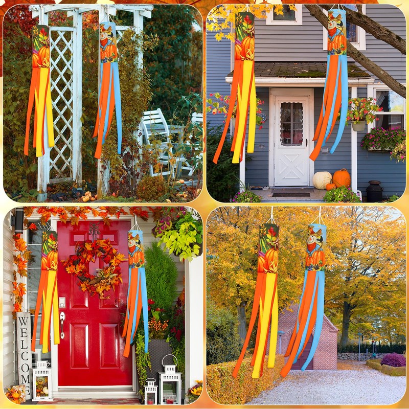 NOVWANG 2 Pcs Fall Windsocks, Scarecrows Pumpkins Wind Socks Autumn