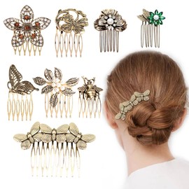 Pack of 8 Vintage Hair Side Combs for Women Decorative, Retro Gold Pearl Rhinestone Metal Hair Comb Clips with Teeth Handle Crystal Bridal Hairpiece Pins for Wedding Accessories