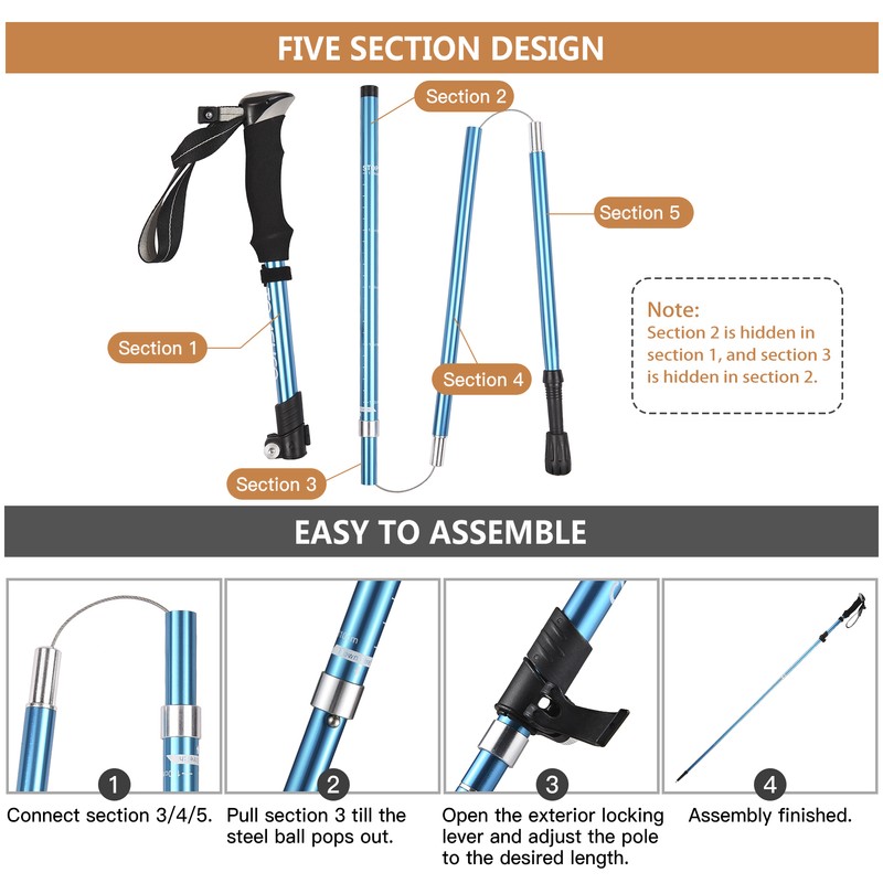 TOMSHOO Trekking Pole Lightweight Collapsible Trekking Pole Five-fold Walking Stick