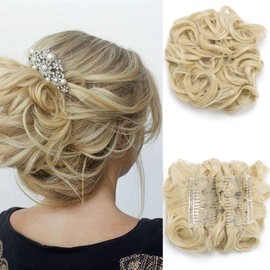 Messy Scrunchy Scrunchie Hair Bun Curly Wavy Hair Extensions Clip In Chignon Bridal Updo Hairpieces With Combs Ponytail Extension [Bleach Blonde]