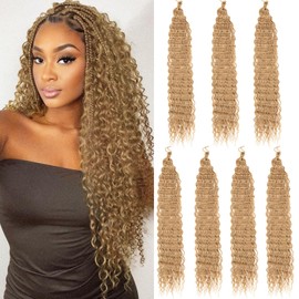 Samtress Ocean Wave Crochet Hair Synthetic 30 Inch 7 Packs Deep Wave Curly Braiding Hair Honey Blonde Long Deep Twist Braiding Hair Extensions for Black Women (#27)