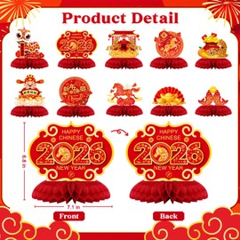 10 Pcs Chinese New Year Honeycomb Centerpieces Decoration 2026 Year of The Horse Ornaments Signs Red and Gold Table Toppers Table Centerpieces Lunar New Year Party Supplies