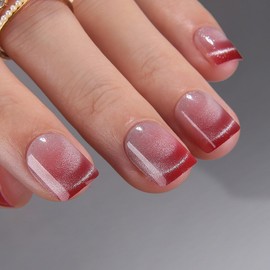 MqpQ Press On Nails Short Square - Cat Eye Press On Nails with Smile Line, Opaque Soft Gel Magnetic French Natural Fake Nails for Women - 24 Stick On Nails, Ruby Flame