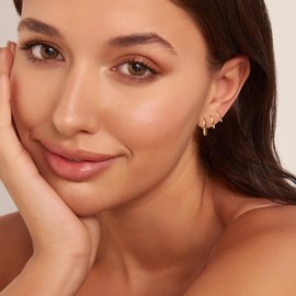 Glimz 3 Pairs Gold Hoop Earrings Set Trendy Gold Plated Charm Earrings Stacks for Women CZ Butterfly Bow Stud Hoop Charm Huggie Earrings for Multiple Piercing Hypoallergenic, Brass, No Gemstone