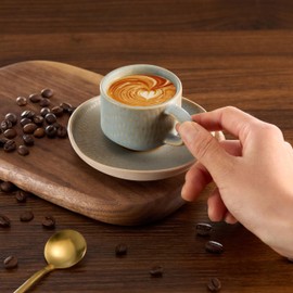 KooK Espresso Mug and Saucer Set, Ceramic Cups and Plates with Rustic Organic Shape and Feathered Texture, 2.7 oz, Set of 4, Neutral Multicolor