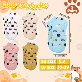 Zuimei Women Ankle Socks, 5 Pairs Cotton No Show Sock Cute Cat Low Cut Socks Funny Ladies Cat Socks 3-6 Soft Casual Socks, Birthday Gifts for Womens Girls