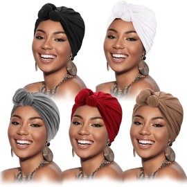 DRESHOW 5 Pack Women Turban African Pattern Knot Headwrap Beanie Pre-Tied Bonnet Chemo Cap Hair Loss Hat