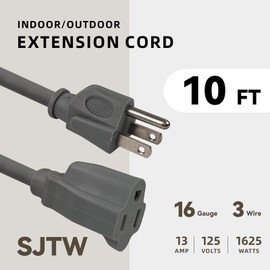 Zorky 10ft Outdoor Extension Cord for Christmas Decorations - 16/3 Heavy Duty SJTW Waterproof Gray Electrical Cable with 3 Prong Grounded Plug for Safety, Great for Lawn and Major Appliances