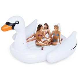 GYMAX Pool Float, 4 Person Inflatable Floating Swan Island with Built-in Cup Holders, Electric Pump & Mooring Rope, Tanning Pool Lounger Raft for Adults, Lake, Beach, River