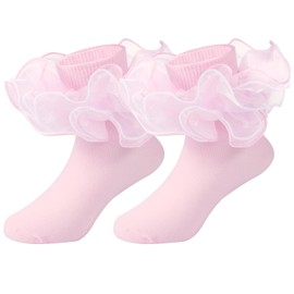 KUANINUNAR Toddler Baby Girls Ruffle Soft Double Frilly Lace Socks Kids Cute Ankle Cotton Dress Socks (US, Age, 1 Year, 3 Years, Pink)